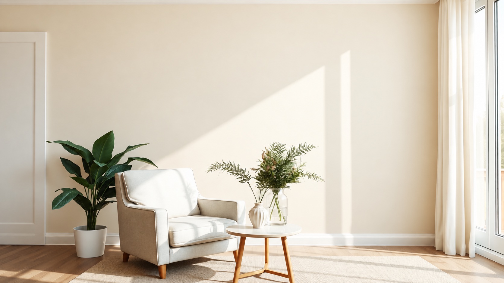 Same furnished room with a plain wall before wallpaper